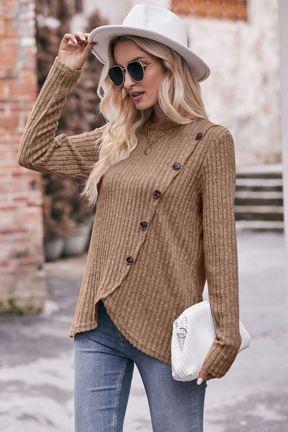 Mandy Ribbed Round Neck Buttoned Long Sleeve Tee