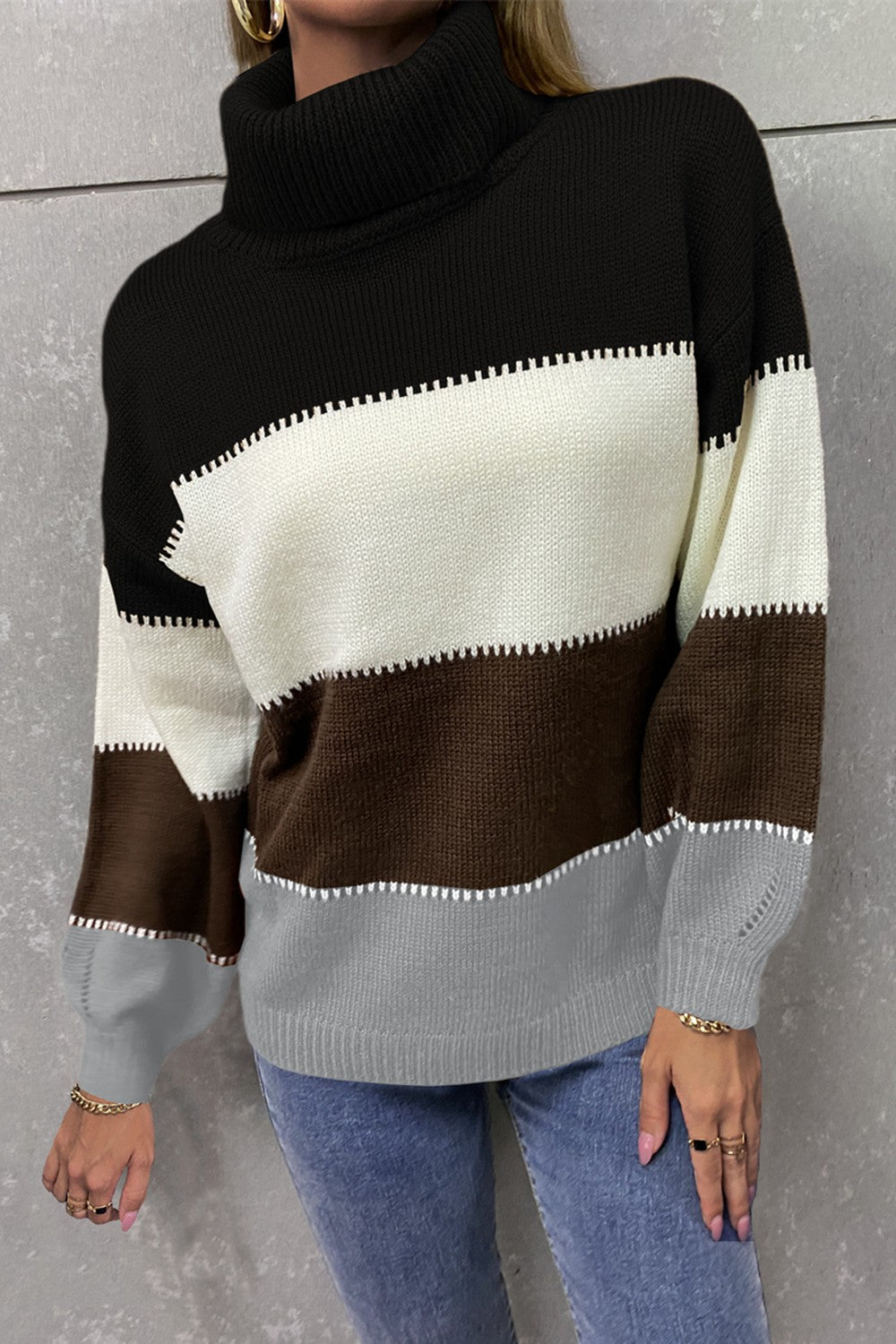 Angel Wings Color Block Lantern Sleeve Turtleneck Sweater