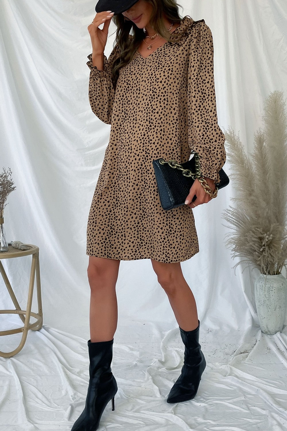 Perfee Leopard Frill Trim V-Neck Dress