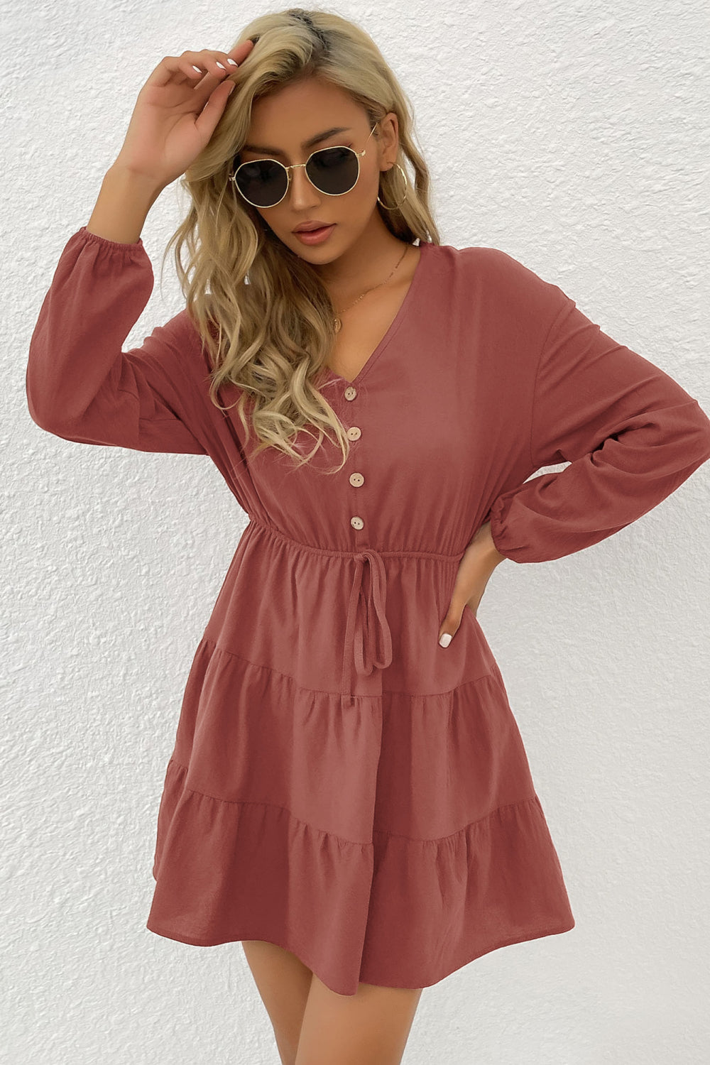 Perfee Decorative Button Tie Front Tiered Mini Dress