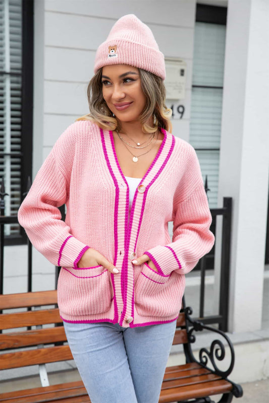 Angel Wings Waffle Knit V-Neck Cardigan with Pocket