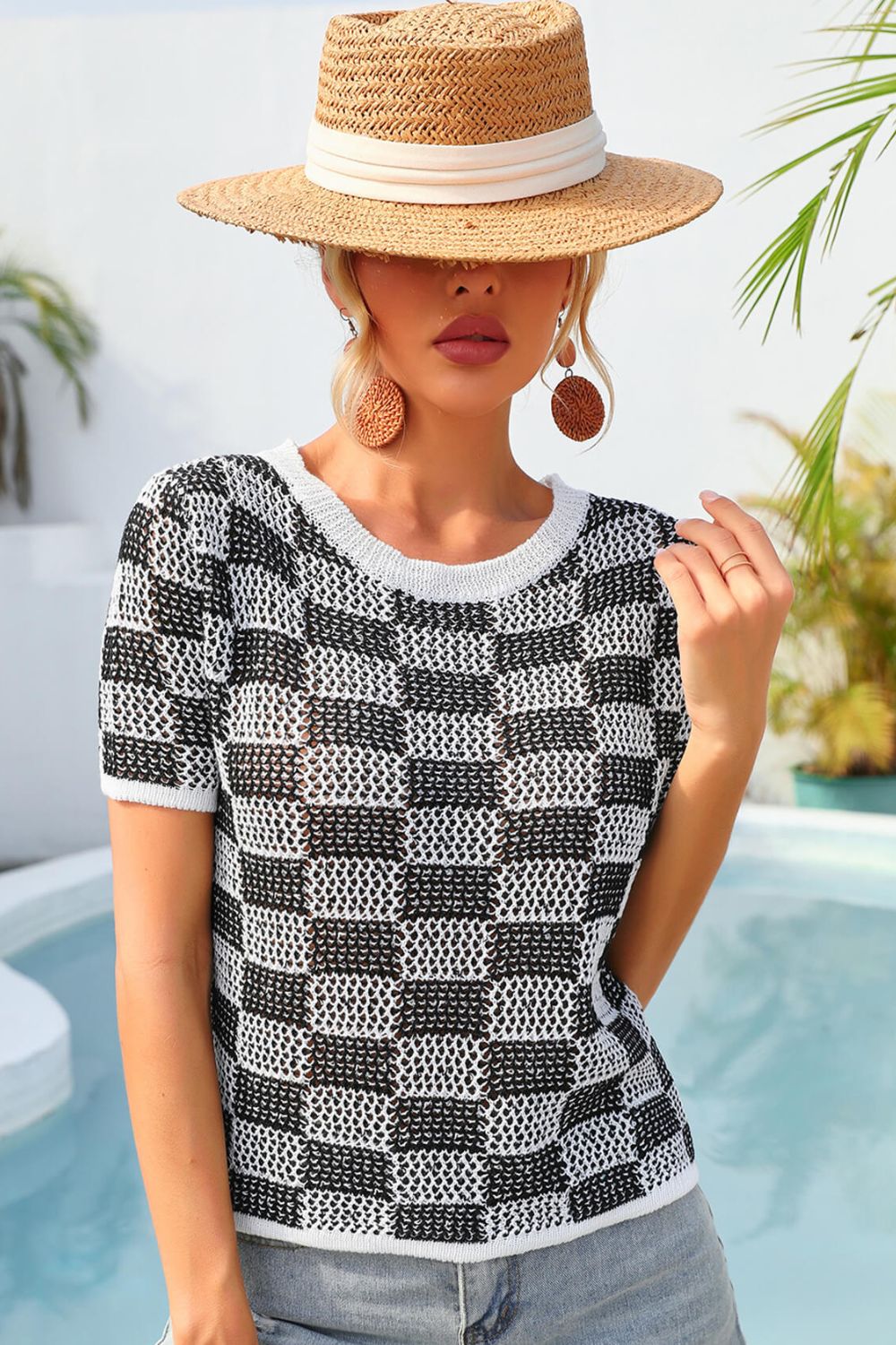 Angel Wings Checkered Short Sleeve Knit Top