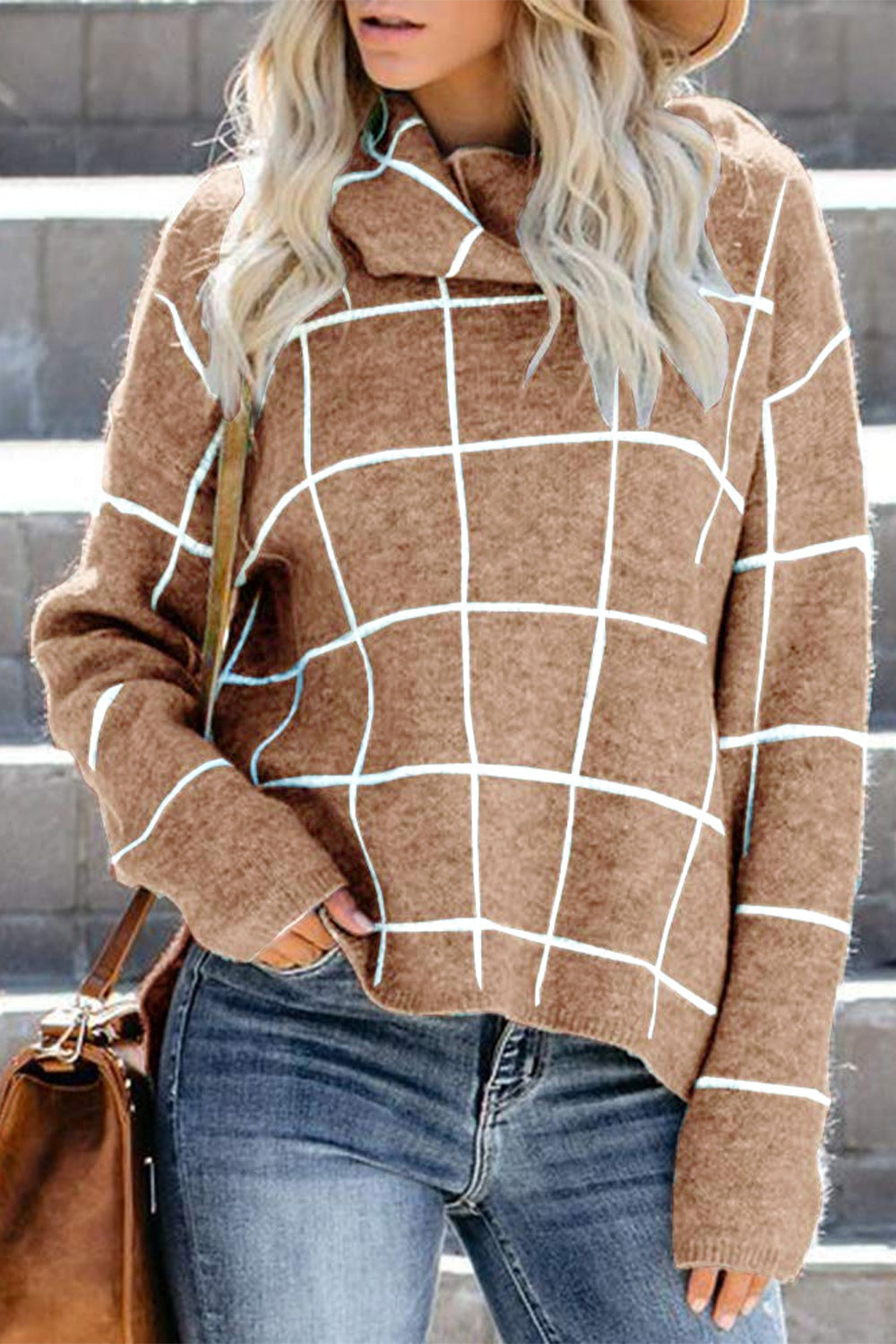 Angel Wings Plaid Turtleneck Drop Shoulder Sweater