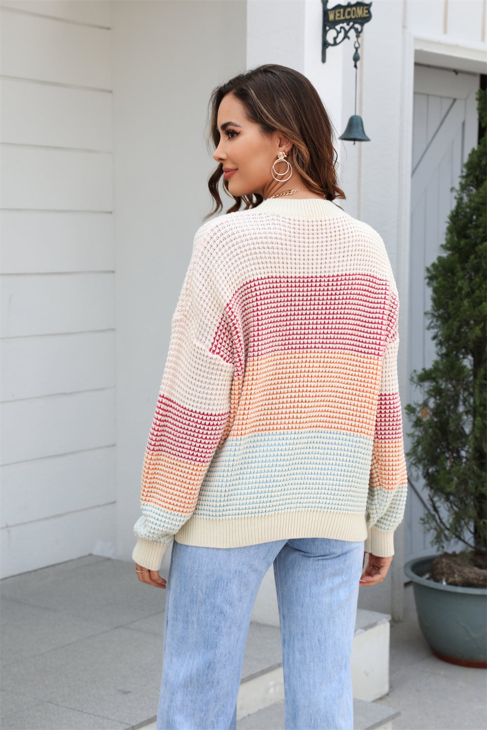 Angel Wings Waffle-Knit Round Neck Dropped Shoulder Color Block Sweater