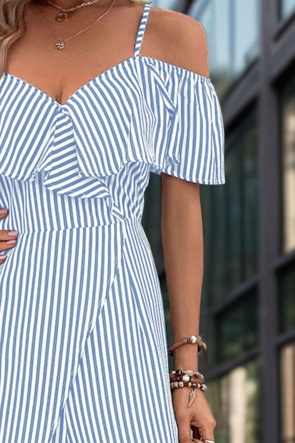 Perfee Ruffled Striped Short Sleeve Jumpsuit