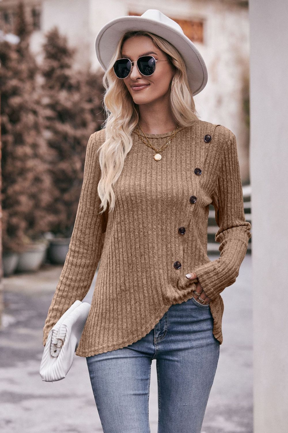 Mandy Ribbed Round Neck Buttoned Long Sleeve Tee