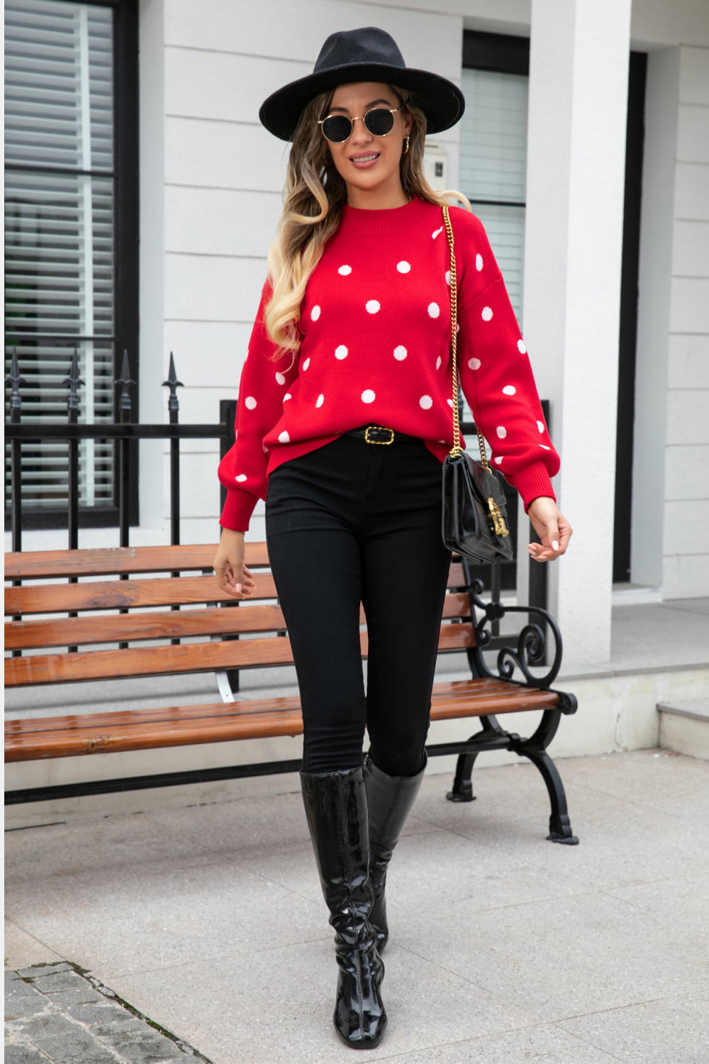 Angel Wings Woven Right Polka Dot Round Neck Dropped Shoulder Sweater