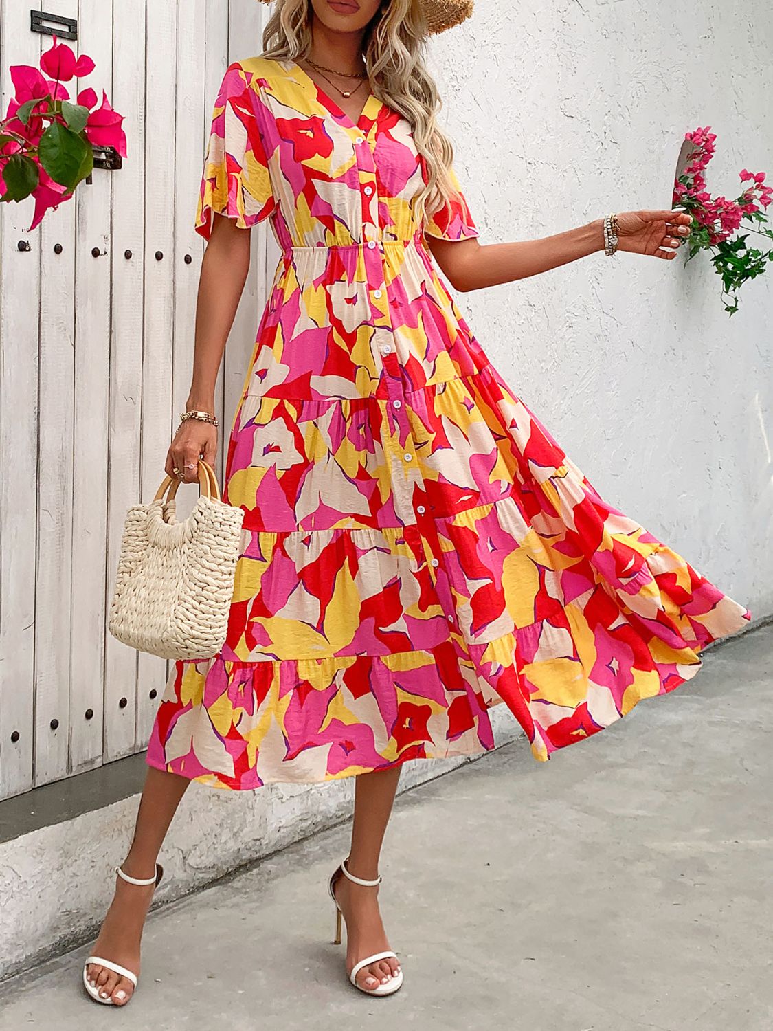 Perfee Printed V-Neck Flutter Sleeve Midi Dress