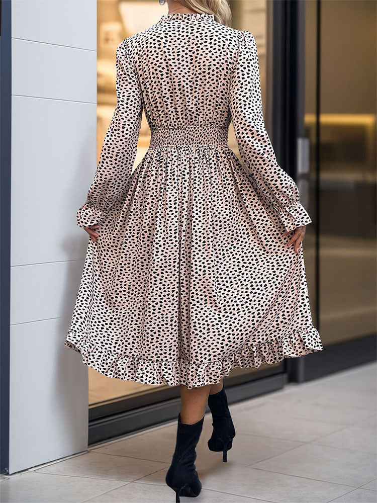 Perfee Ruched Ruffled Leopard Long Sleeve Dress