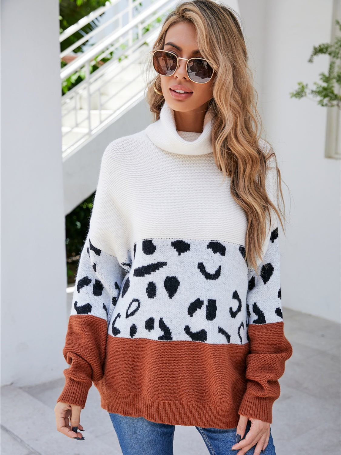 Angel Wings Leopard Color Block Turtleneck Sweater