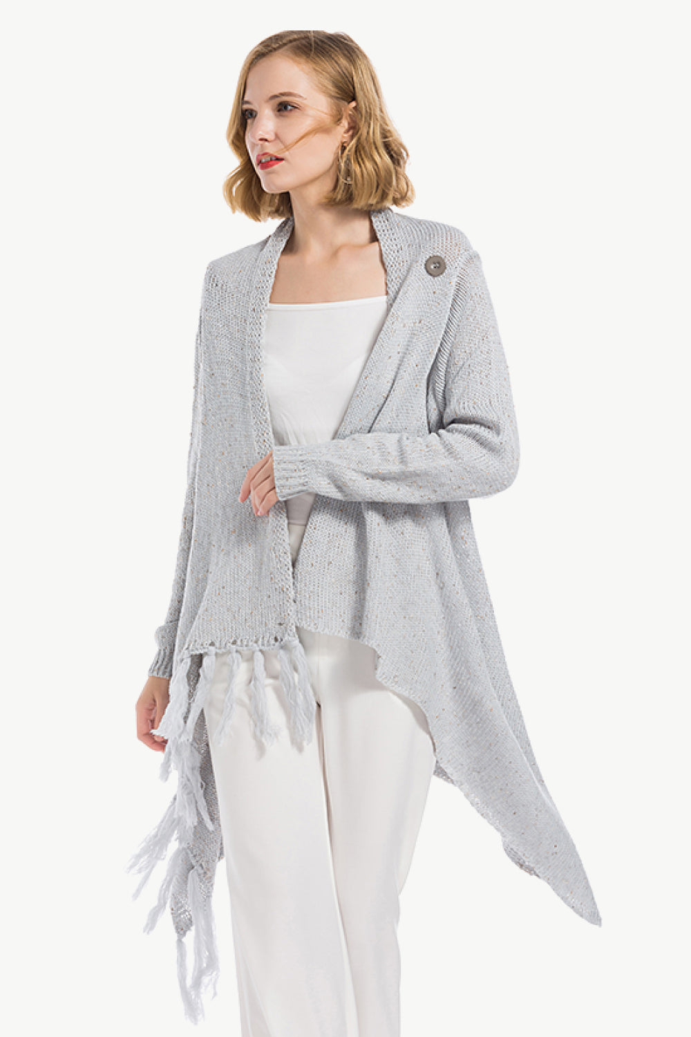 Angel Wings One-Button Tassel Tie Asymmetrical Hem Cardigan