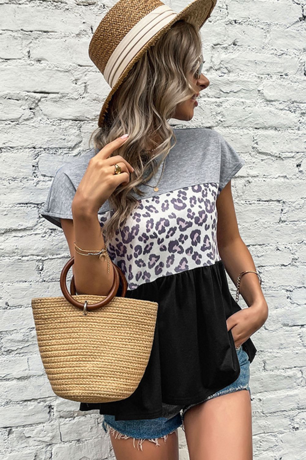 Perfee Leopard Color Block Babydoll Tee Shirt