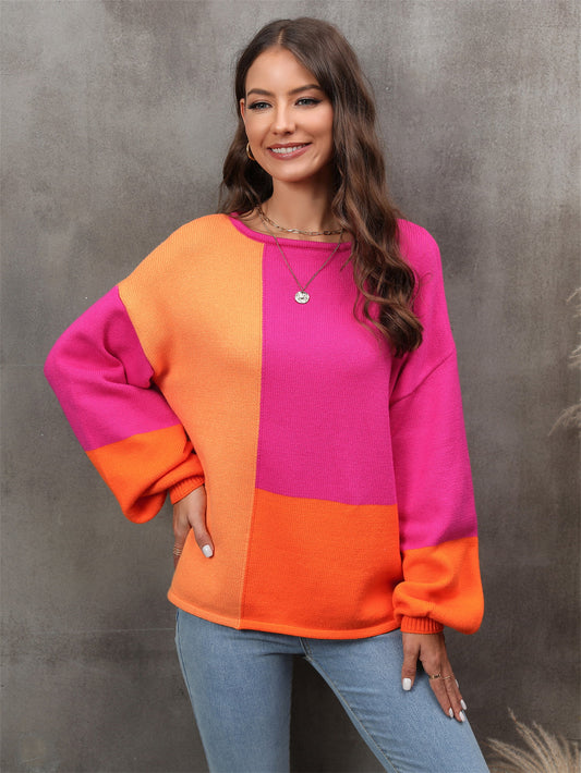 Angel Wings Color Block Round Neck Dropped Shoulder Sweater