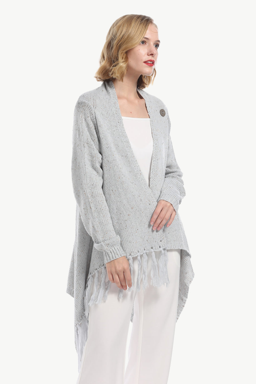 Angel Wings One-Button Tassel Tie Asymmetrical Hem Cardigan