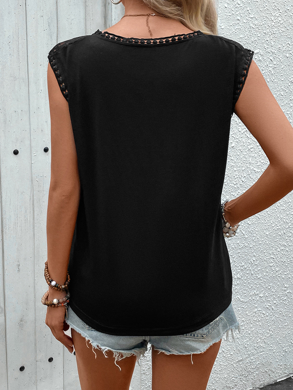 Perfee Lace Round Neck Cap Sleeve T-Shirt