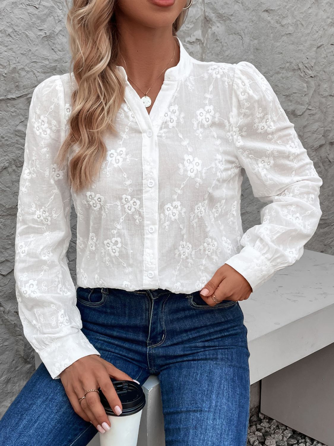 Perfee Notched Long Sleeve Shirt