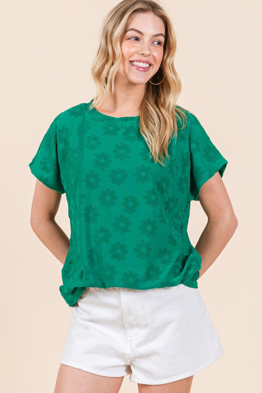 BOMBOM Textured Floral Pattern Short Sleeve T-Shirt