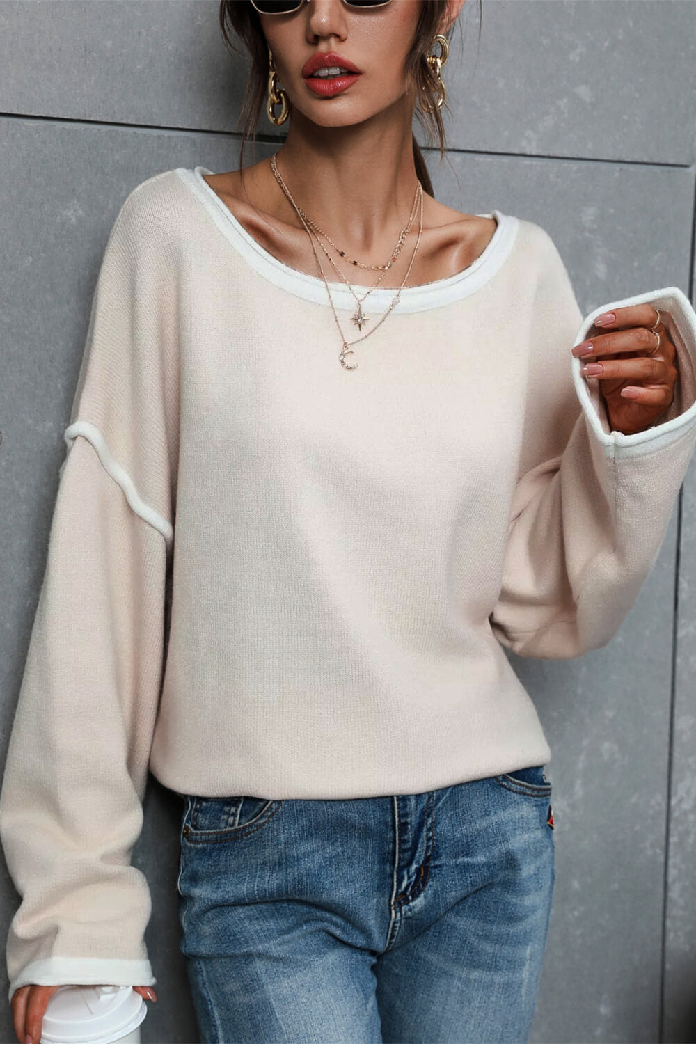 Angel Wings Contrast Detail Dropped Shoulder Knit Pullover