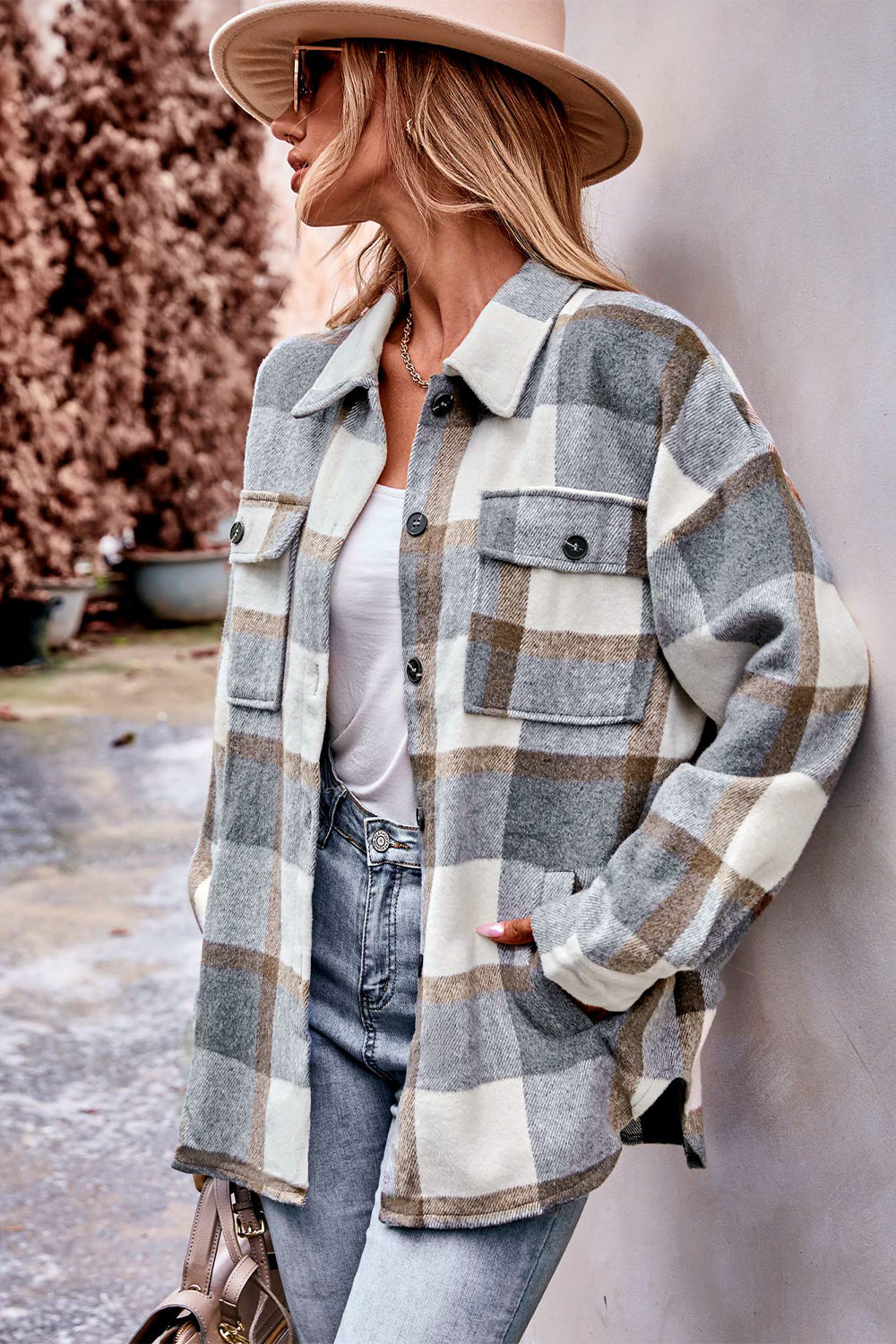 Mandy Plaid Long Sleeve Shirt Jacket with Pockets