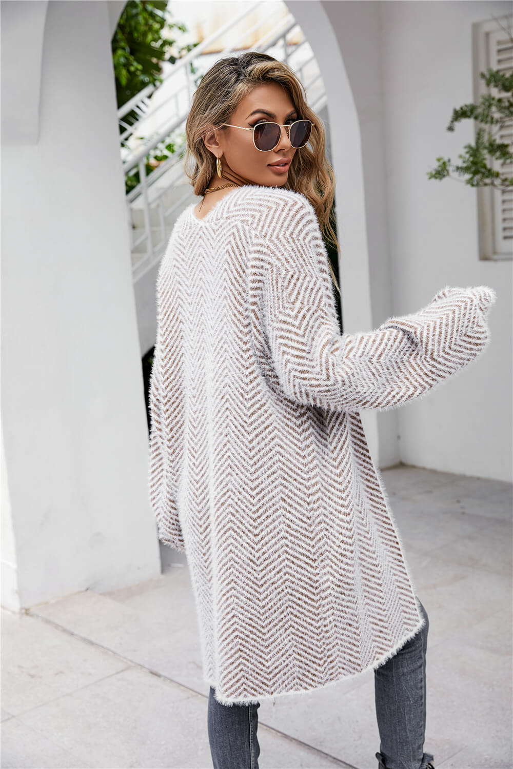 Angel Wings Herringbone Pattern Open Front Longline Fuzzy Cardigan