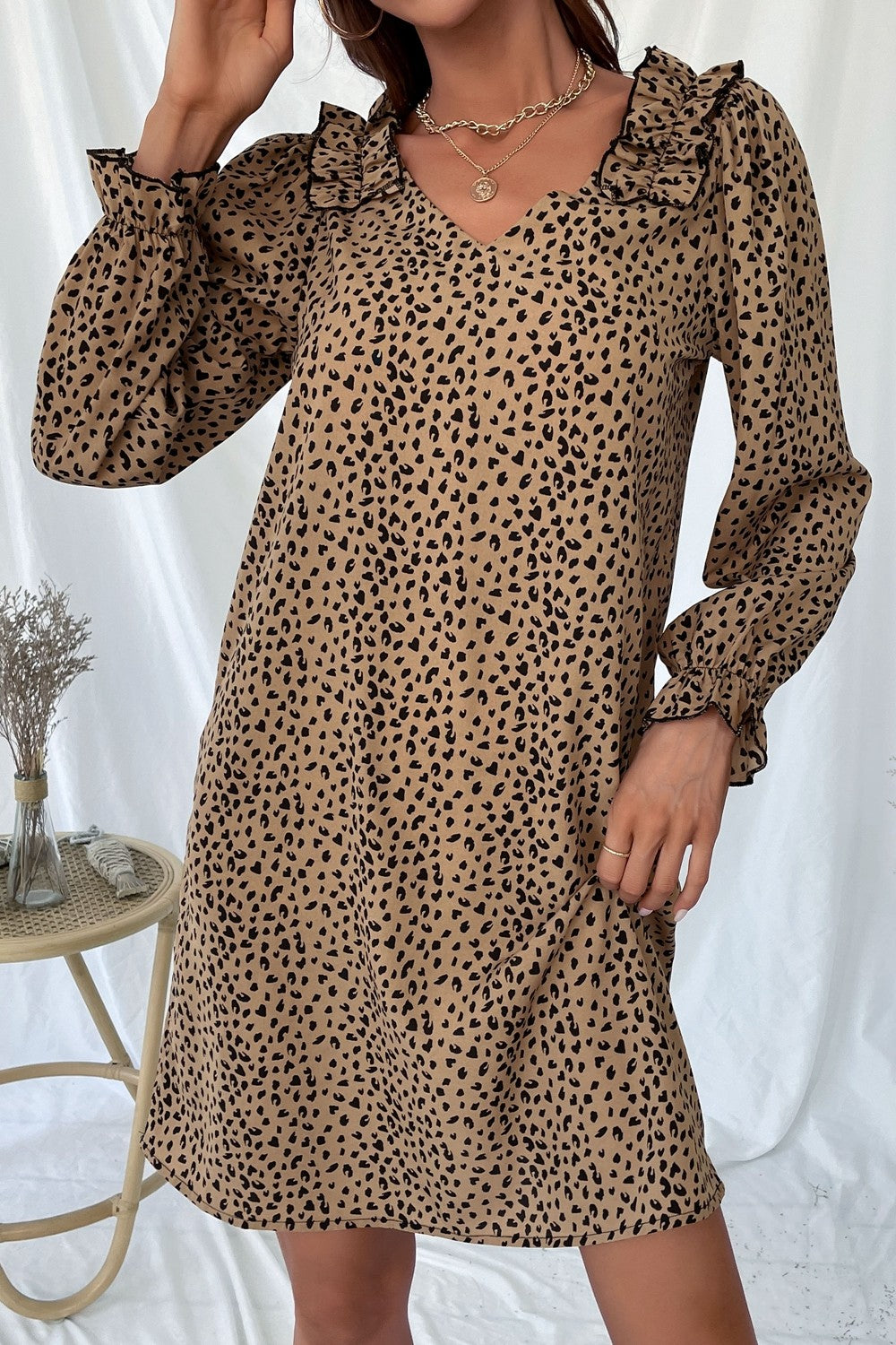 Perfee Leopard Frill Trim V-Neck Dress