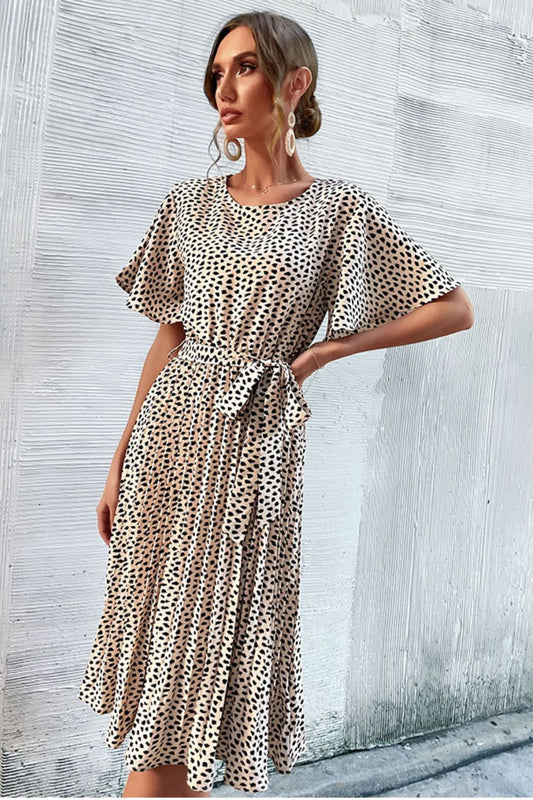 Perfee Animal Print Tie-Waist Pleated Dress