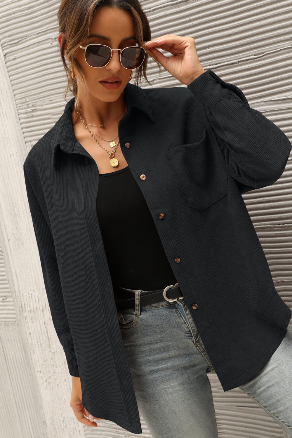 Mandy Button Front Drop Shoulder Corduroy Shirt