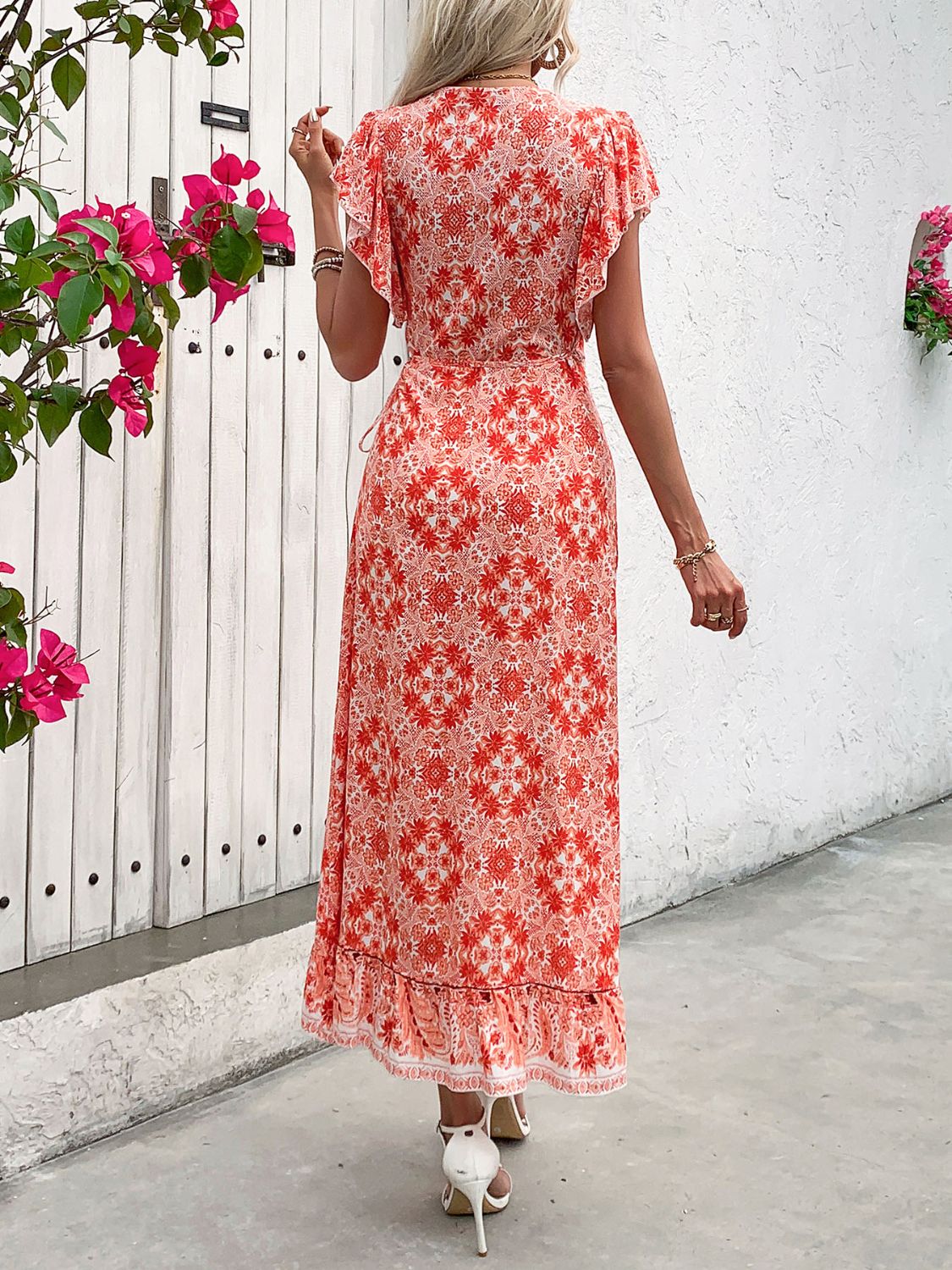 Perfee Ruffled High-Low Printed Short Sleeve Midi Dress