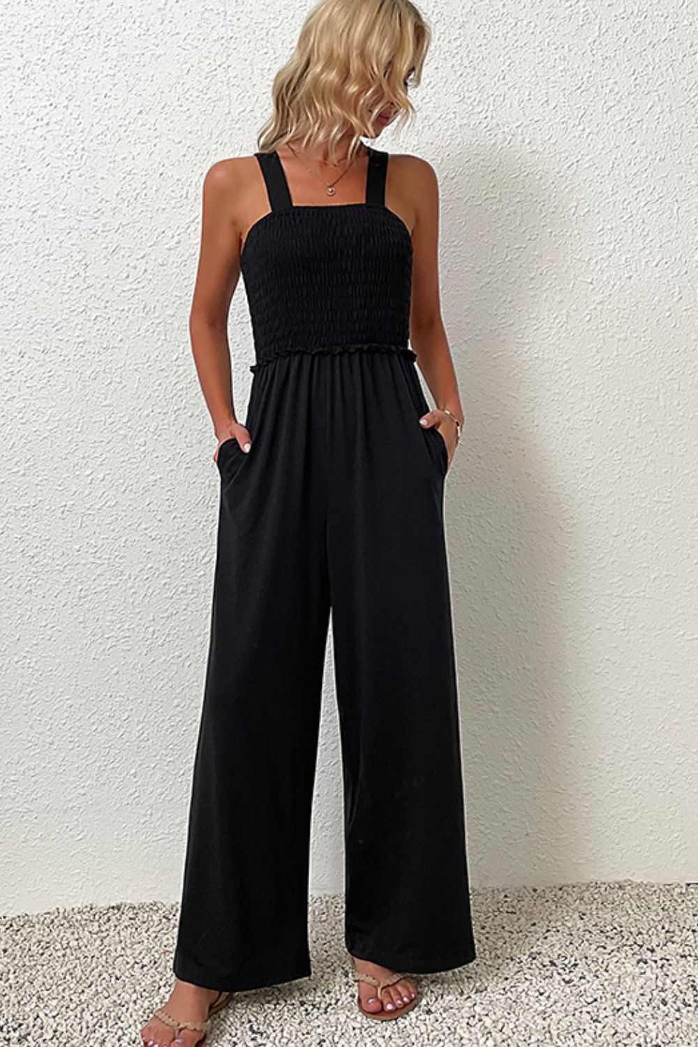 Perfee Smocked Sleeveless Wide Leg Jumpsuit with Pockets