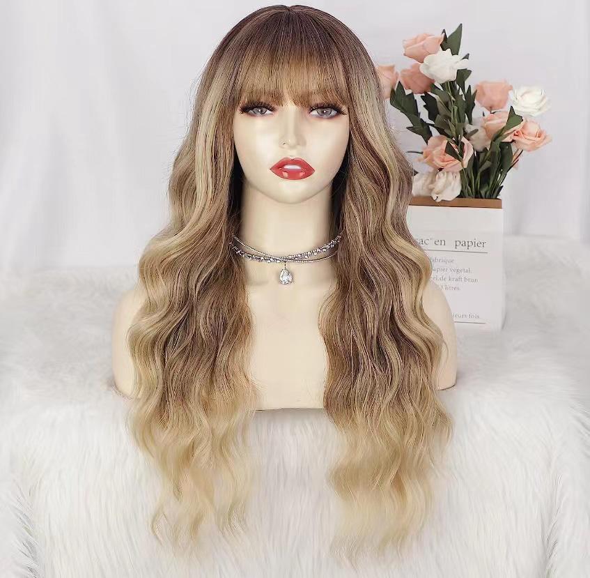 26 Inch Long Ash Blonde Wig With Bangs Natural Wavy Hair - Perfect For Daily Wear And Middle Part Style