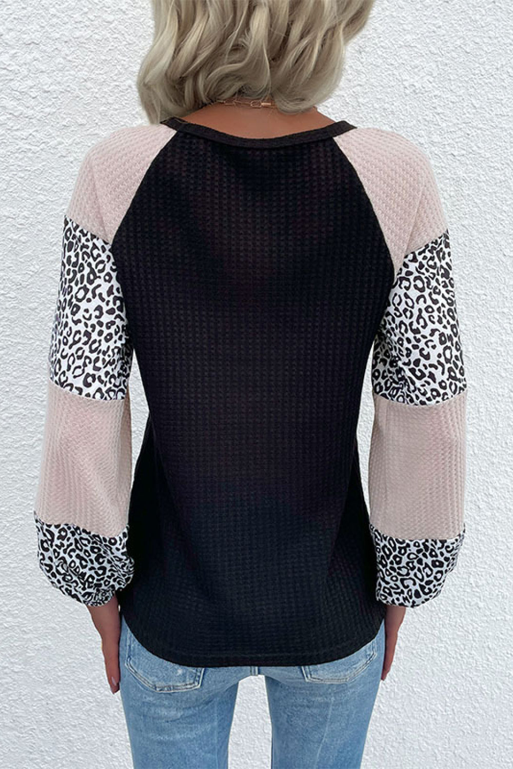 Perfee Contrast Leopard Print Waffle Knit Tee