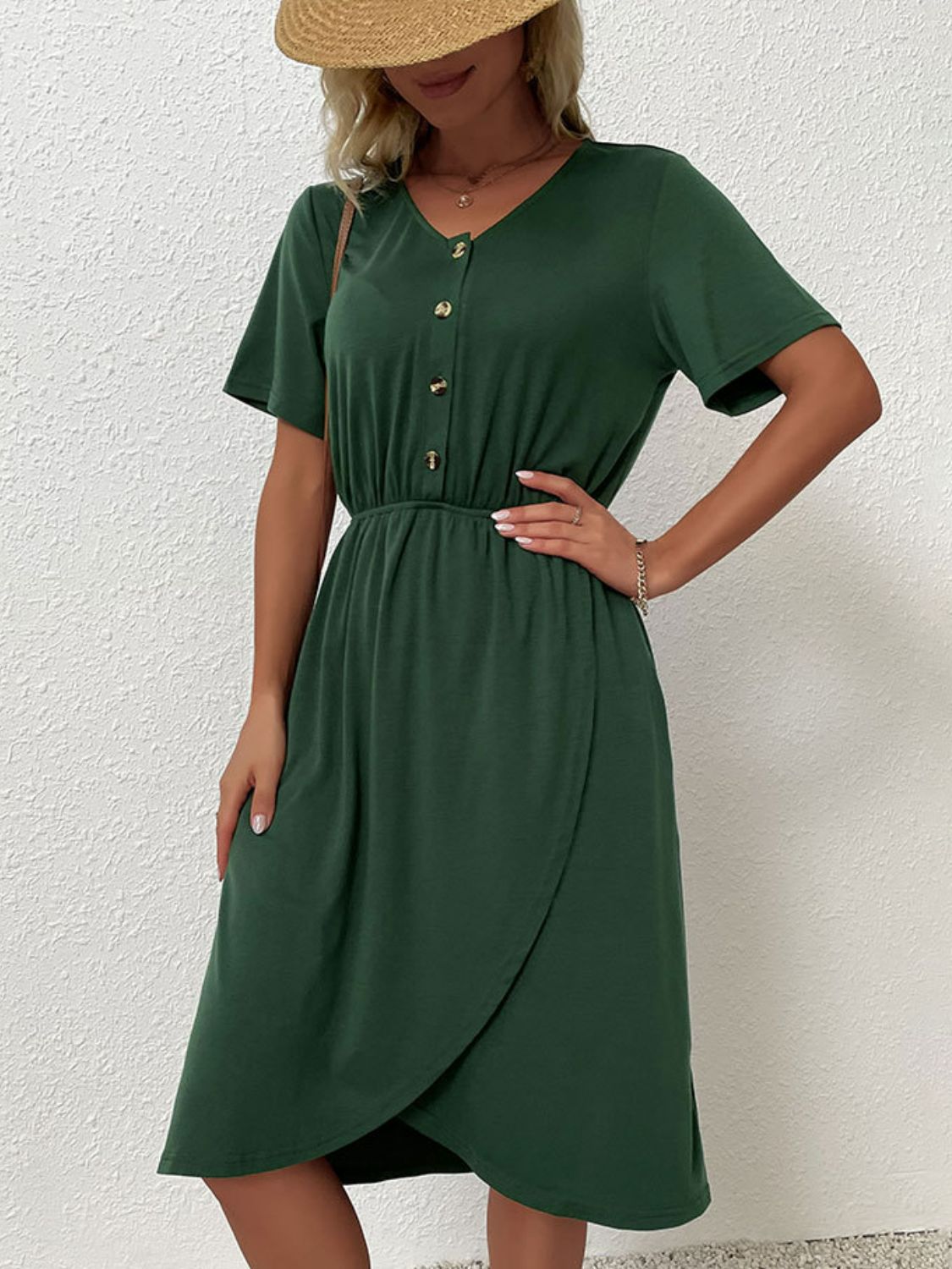 Perfee V-Neck Short Sleeve Split Dress