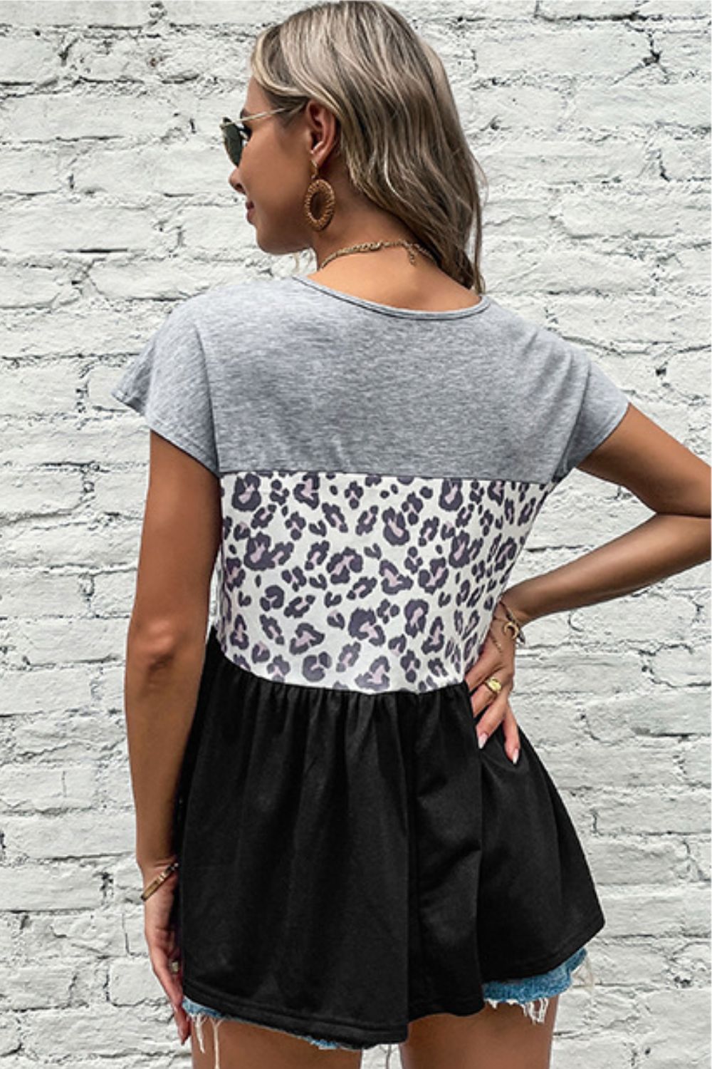 Perfee Leopard Color Block Babydoll Tee Shirt