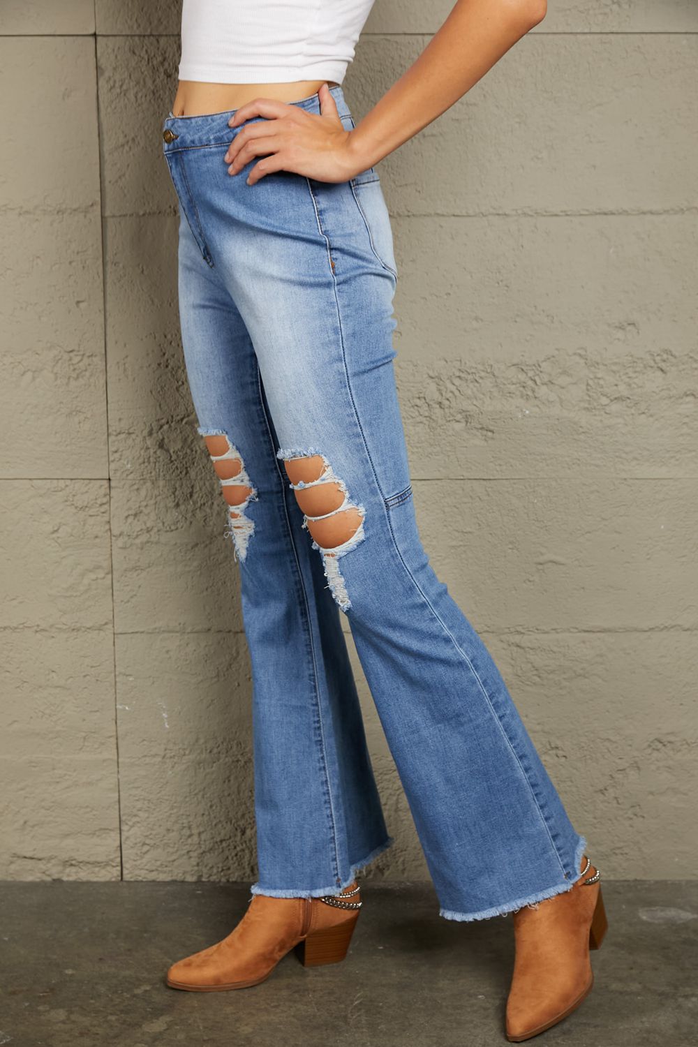 Baeful Distressed Raw Hem High-Waist Flare Jeans