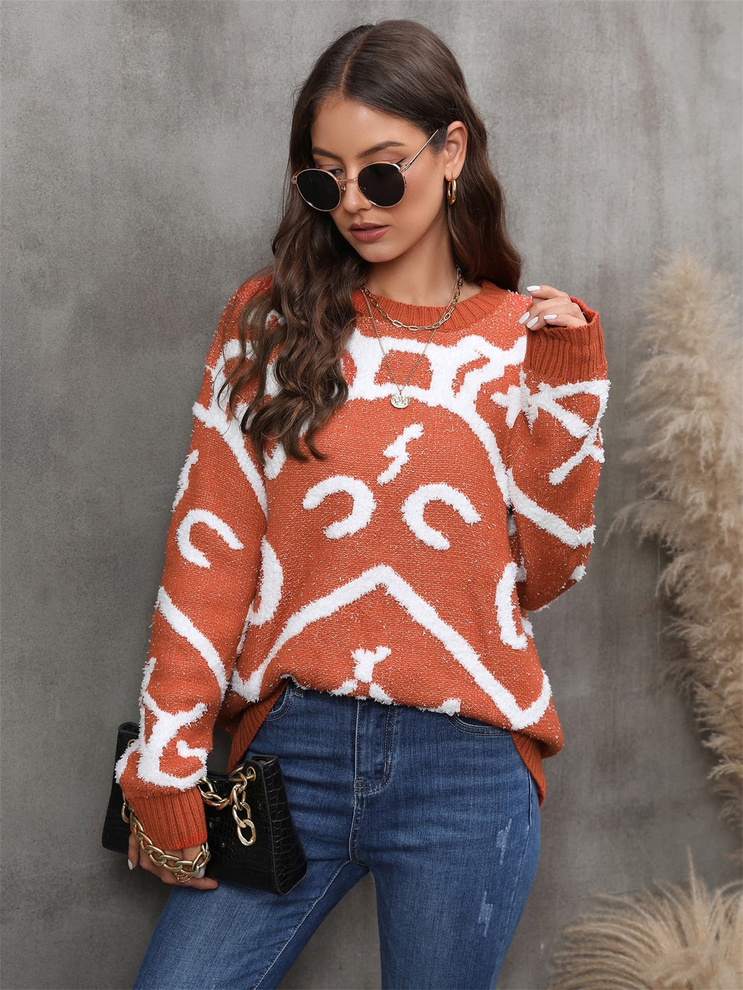 Angel Wings Printed Round Neck Dropped Shoulder Sweater