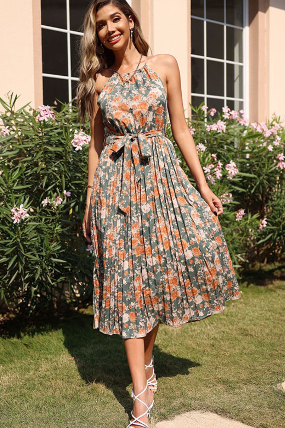 Perfee Floral Tie Waist Pleated Dress