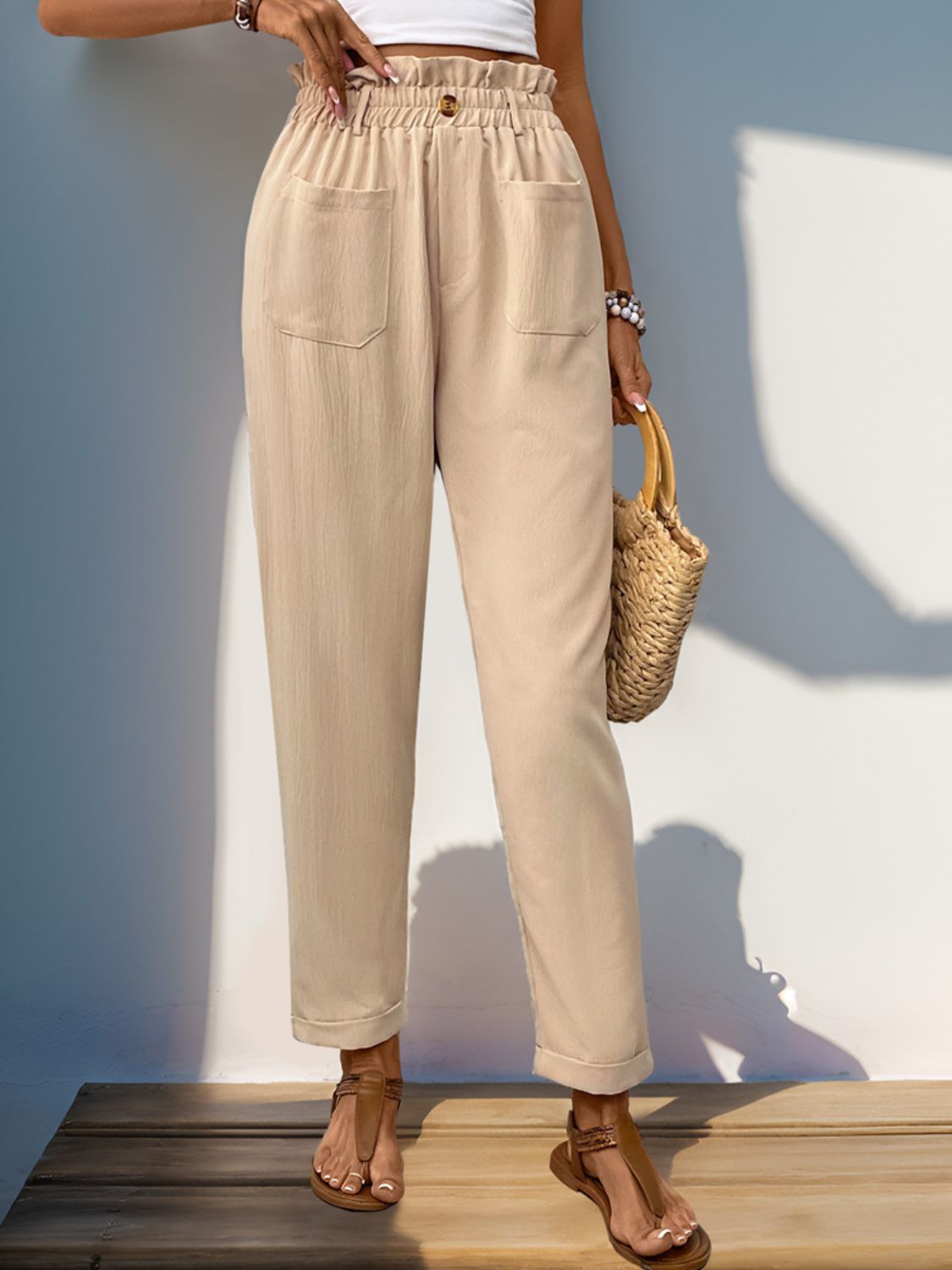 Perfee Frill High Waist Pants with Pockets