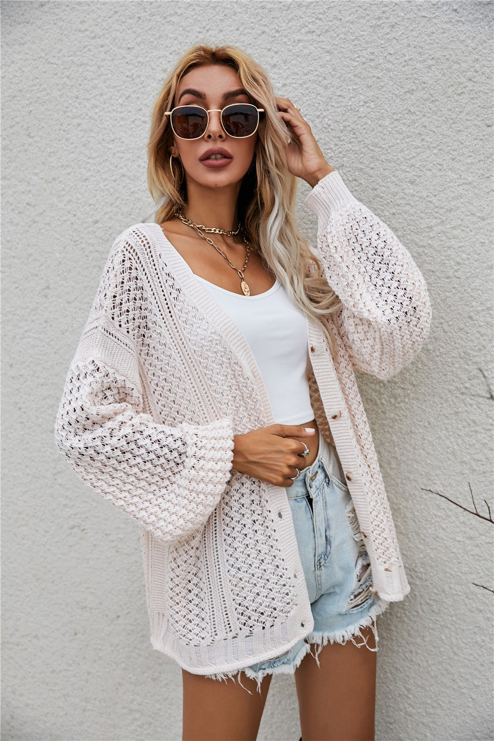 Angel Wings Openwork V-Neck Button Up Cardigan