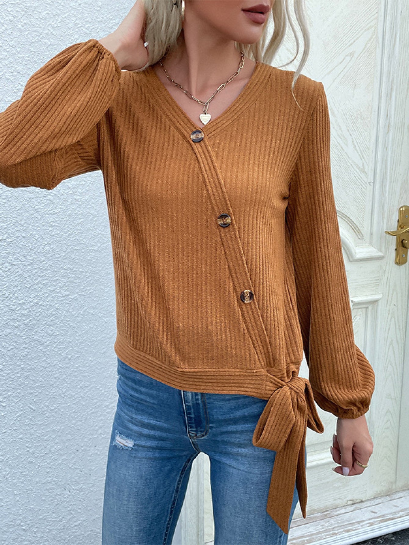 Perfee Rib-Knit Asymmetrical Button Blouse