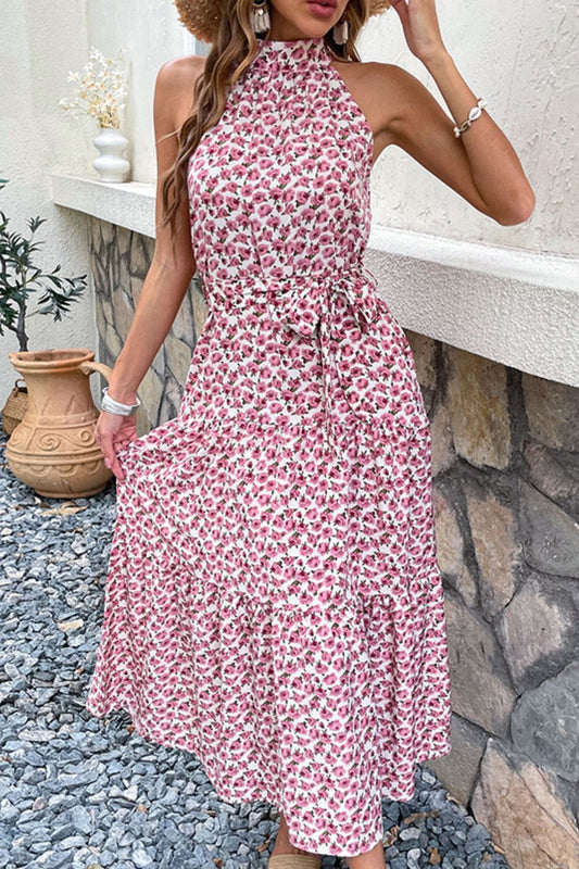 Perfee Floral Tie-Waist Tiered Dress