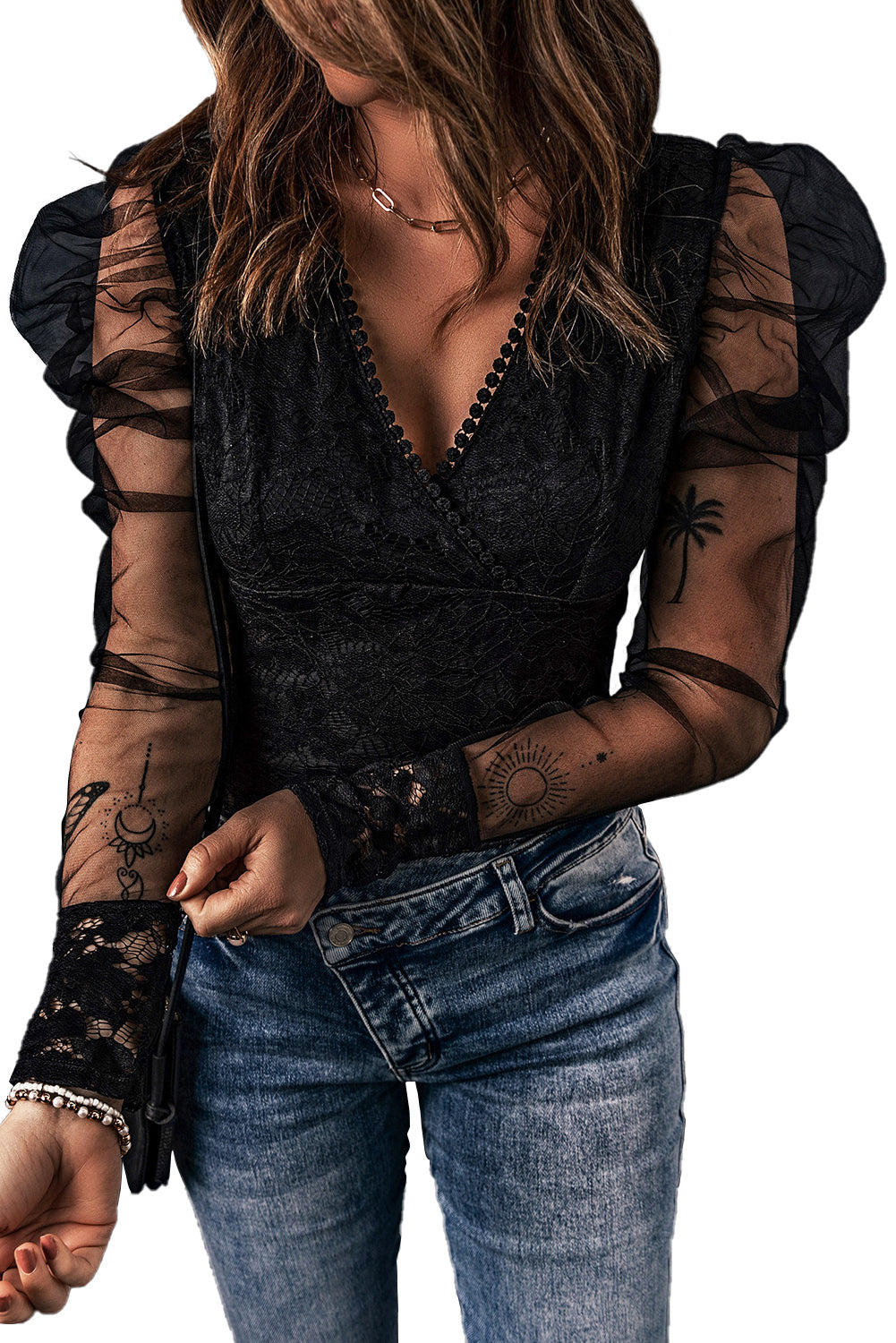 Black V Neck Lace Sheer Puff Sleeve Bodysuit