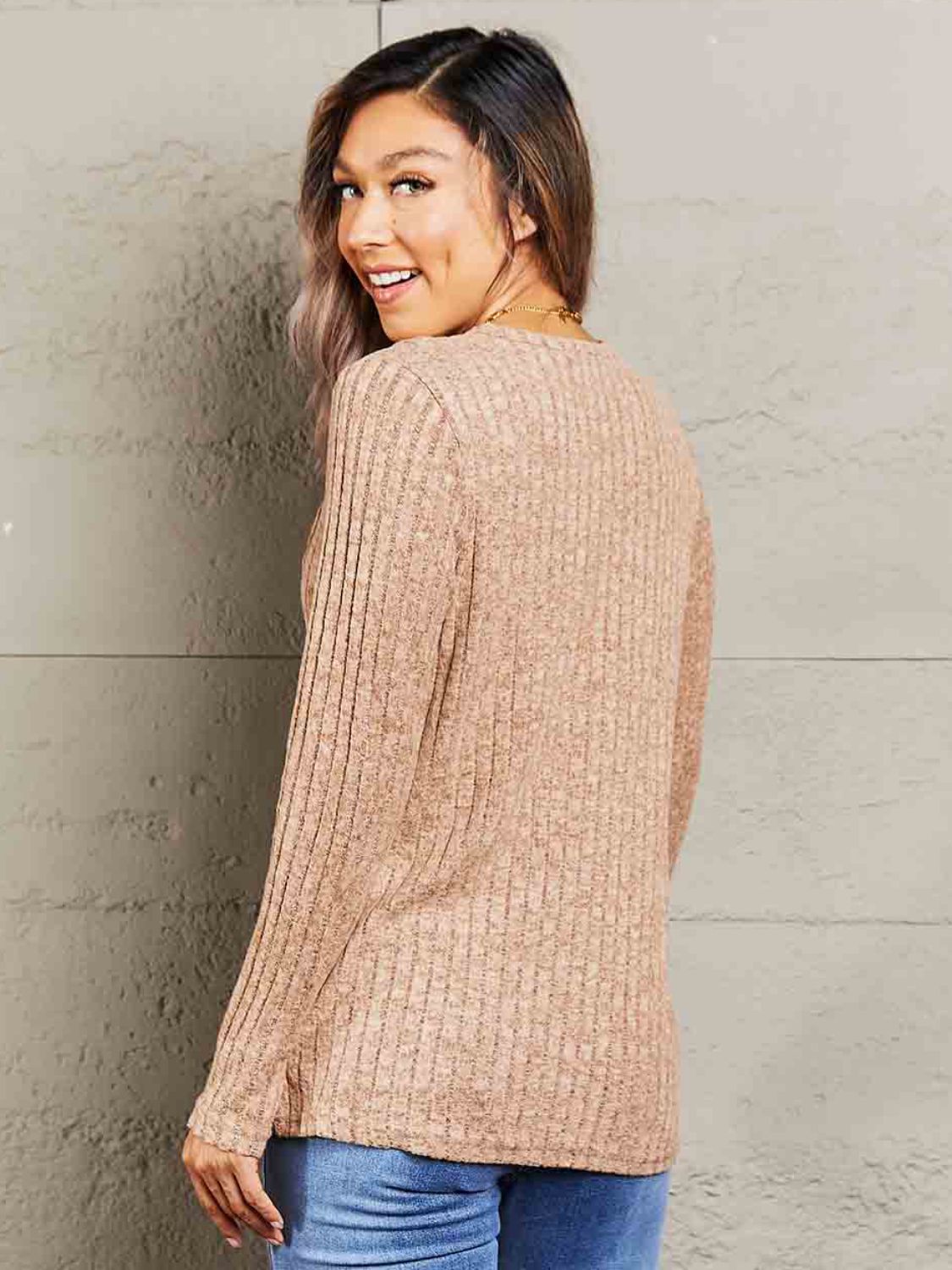 Mandy Ribbed Round Neck Buttoned Long Sleeve Tee