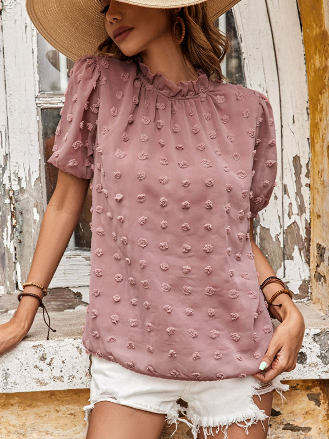 Perfee Swiss Dot Ruched Frill Trim Top