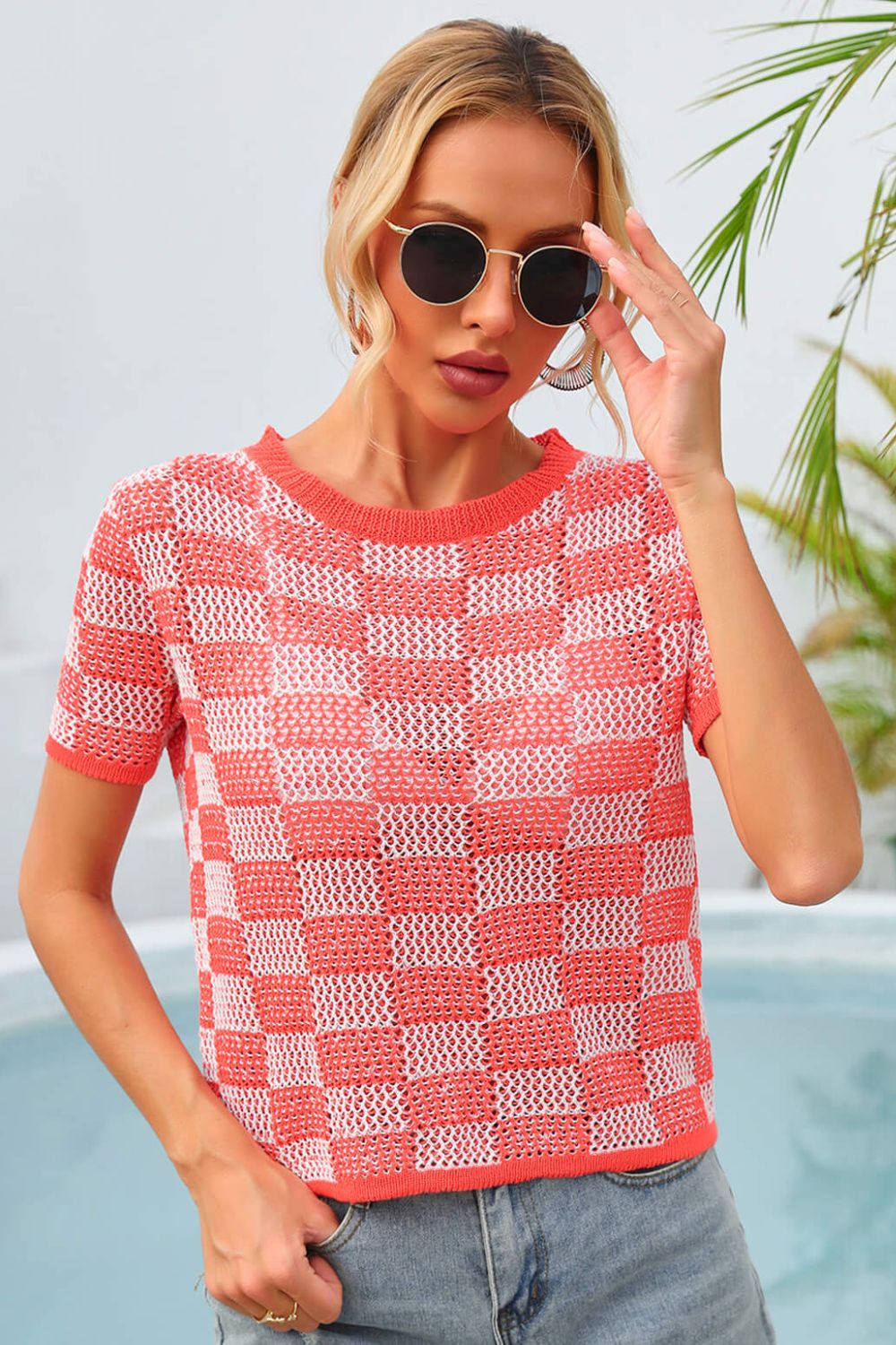 Angel Wings Checkered Short Sleeve Knit Top