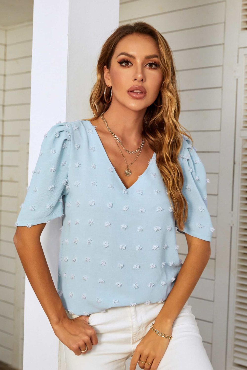 Mandy Swiss Dot V-Neck Puff Sleeve Blouse