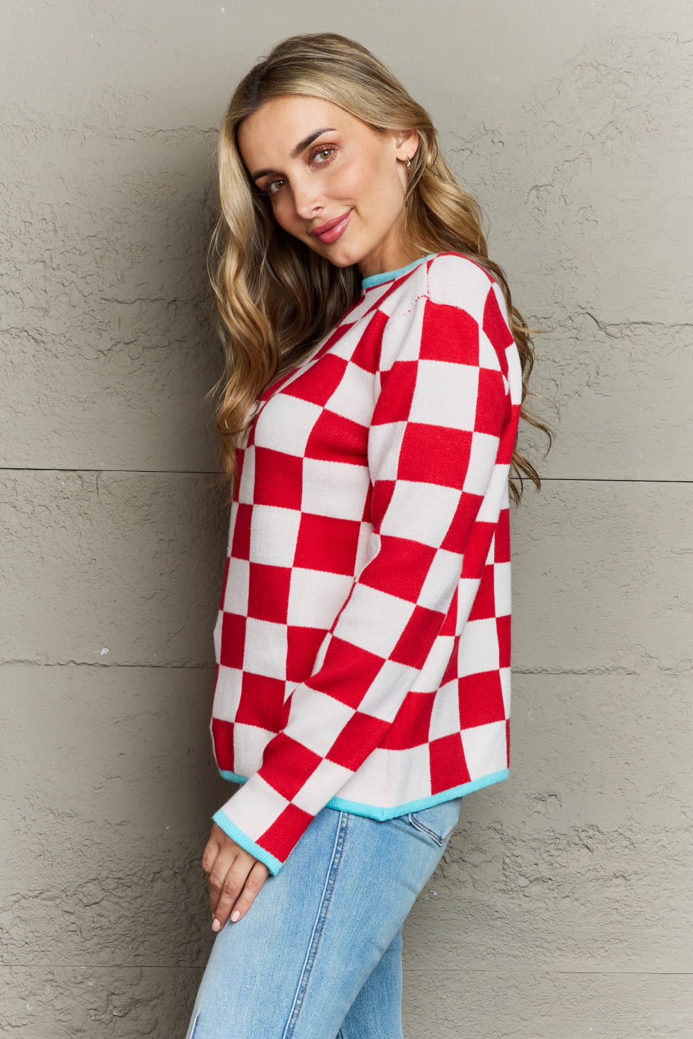 Angel Wings Checkered Round Neck Sweater