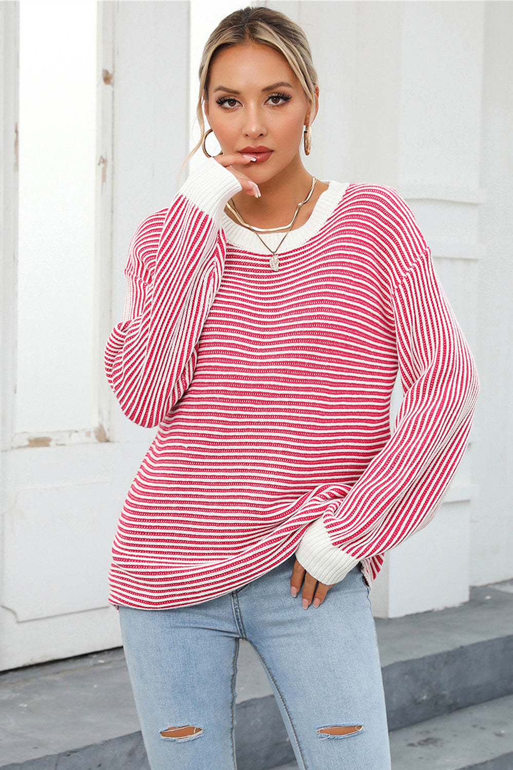 Angel Wings Striped Round Neck Long Sleeve Knit Top