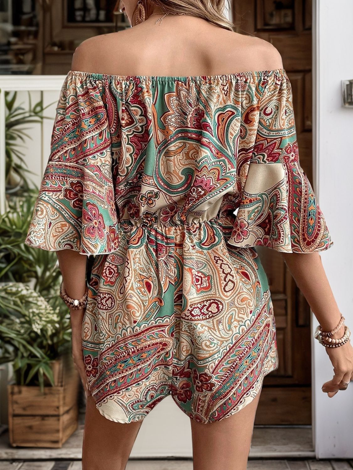 Perfee Printed Off Shoulder Half Sleeve Romper