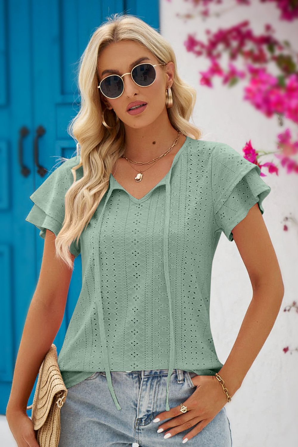 Mandy Eyelet Tie-Neck Flutter Sleeve Blouse