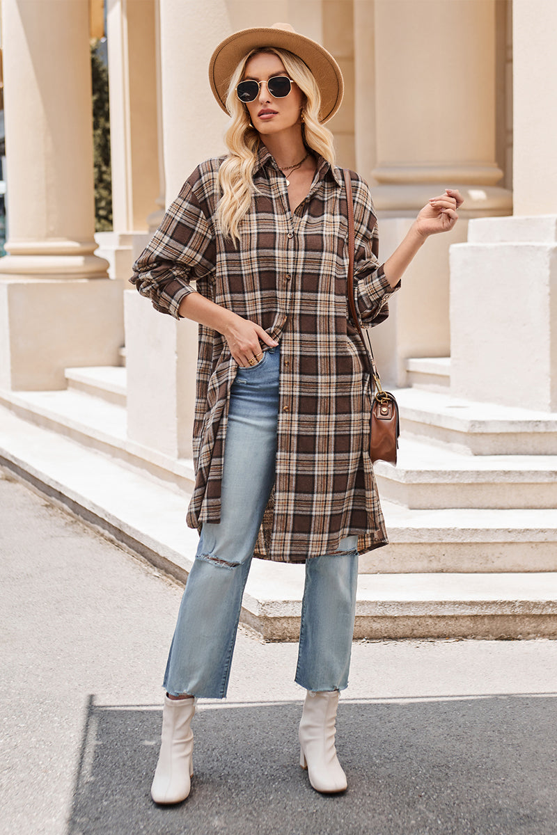 Mandy Plaid Collared Neck Long Sleeve Coat